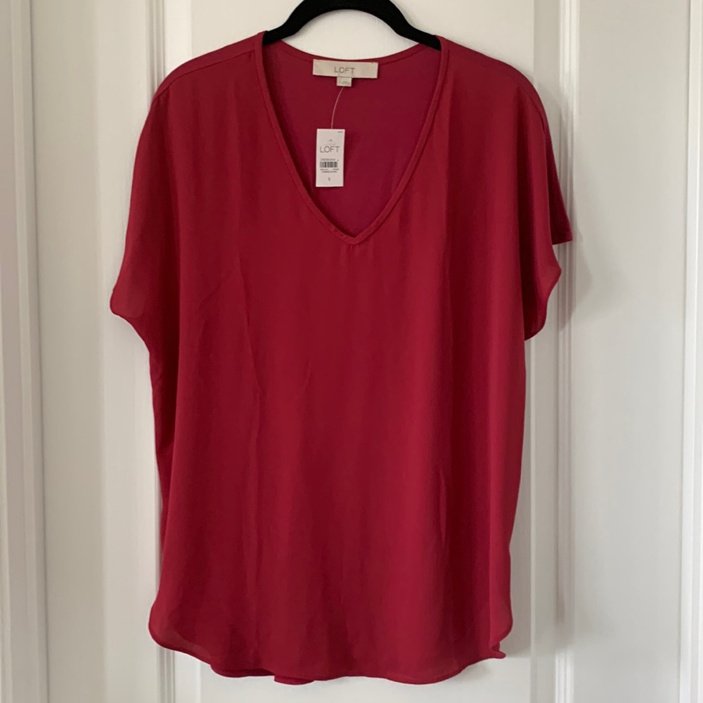NWT LOFT Red Mixed Materials V-Neck Short Sleeves Blouse Size S